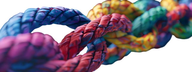 A close-up of a colorful rope with three links. The links are made of different colored ropes, and they are intertwined. The background is white, 