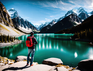 A person standing on a rock overlooking a lake in the mountains. - Powered by Adobe