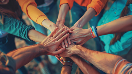 A group of people hold hands in a circle. People are of different ages and nationalities. The scene is one of harmony and harmony. - obrazy, fototapety, plakaty