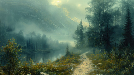 A winding forest path obscured by a blanket of morning fog, inviting exploration and discovery - obrazy, fototapety, plakaty