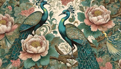Elegant Chinoiserie: Herons, Peacocks, and Peonies in Seamless Harmony