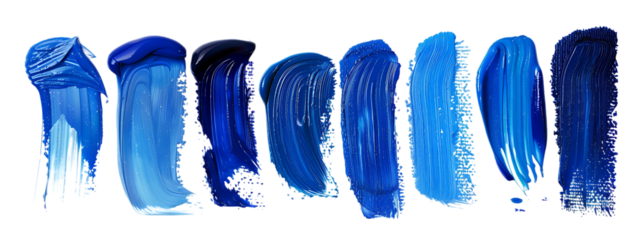A white background with ten different blue paint strokes.
