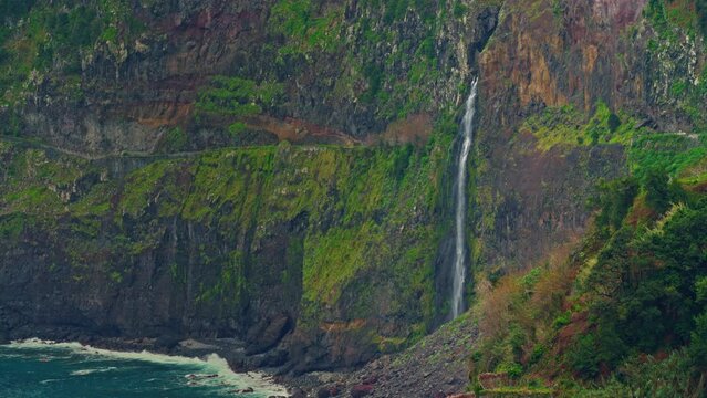 Picturesque view of the waterfall at Miradouro Veu de sa Noiva, Madeira Portugal