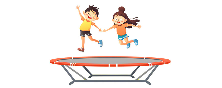 Cartoon children jumping trampoline isolated vector illustration white background kids fun playground.