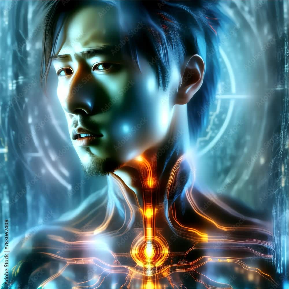 Poster an intense portrait of a man with cybernetic enhancements, highlighted by neon blue circuitry patter