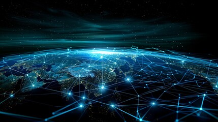 Naklejka na ściany i meble Global network connectivity high speed data transfer cyber technology on digital earth globe