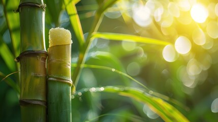 Fototapeta na wymiar Sugar cane, Cane, Sugarcane piece fresh, sugar cane on green nature bokeh background