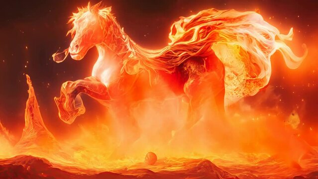A Fantasy fire horse stallion running from hell through a rocky lava landscape. AI-generated. A hellish theme for Halloween night. AI-generated