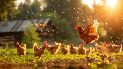 A flock of chickens are running around in a field. One of the chickens is flying. Chickens freely forage in the field. The photo presents a bright rural scenery under the sunlight - obrazy, fototapety, plakaty