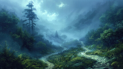 A winding forest path obscured by a blanket of morning fog, inviting exploration and discovery