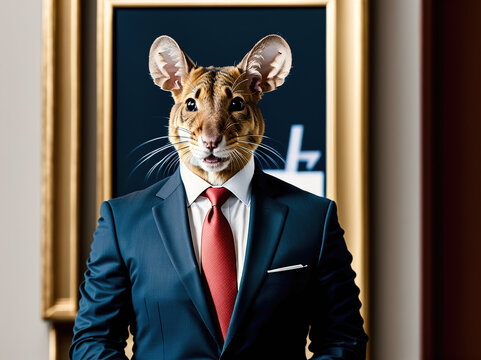 A man in a suit and tie standing in front of a painting of a rat. - Powered by Adobe