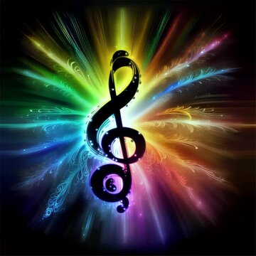 A vibrant treble clef glows amidst a burst of rainbow colors, exuding energy and the essence of music in a cosmic setting.. AI Generation
