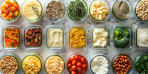 Assorted fresh vegetables and legumes neatly organized in meal prep containers, a vibrant array of greens, reds, and yellows for healthy eating and nutrition planning.
