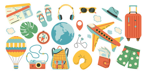 Voyage luggage and tourism accessories.Travel set. Traveling collection, camera and hat, accessories needed in trip, baggage, money, backpack, documents. Trip vacation icons.   Vector illustration