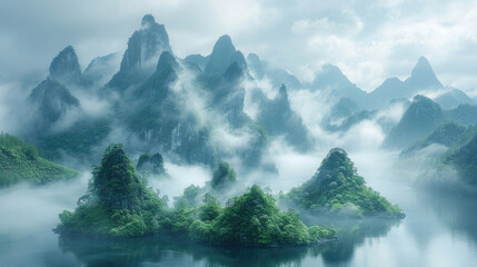 Majestic mountain peaks shrouded in a veil of morning fog, creating a sense of awe and grandeur - obrazy, fototapety, plakaty