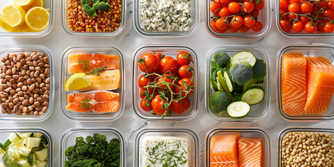 Assorted fresh vegetables and legumes neatly organized in meal prep containers, a vibrant array of greens, reds, and yellows for healthy eating and nutrition planning.
 - obrazy, fototapety, plakaty