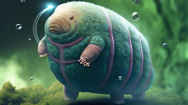 3D cartoon rendering at microscope, of funny Tardigrade, or Water Bear. These micro-animals belong to the same phylum, and are known for their incredible resilience to extreme environments.