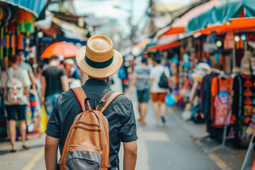 Voyageur portant un chapeau et un sac à dos en Asie - obrazy, fototapety, plakaty