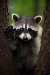 Adorable raccoon with a bright smile and cute little paws raised in a charming pose