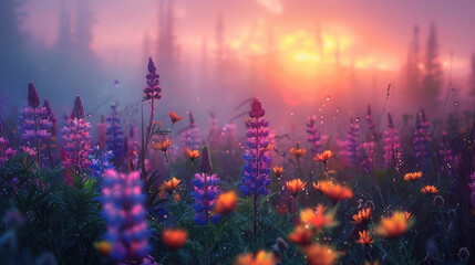 A tranquil meadow bathed in the soft glow of dawn, with wildflowers peeking through the morning fog