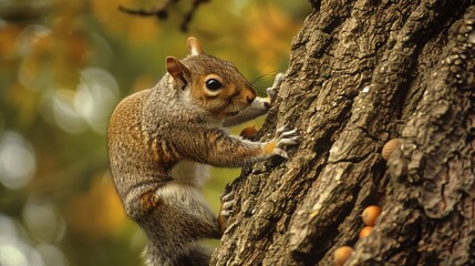 Naklejka na ściany i meble With agile movements, the grey squirrel balances on the slick tree trunk, its keen sense of smell leading it to a cache of stored acorns hidden nearby.