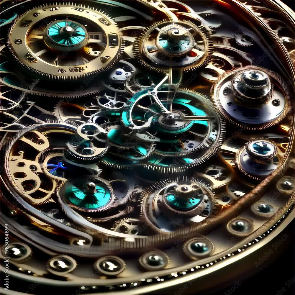 Poster hyper-realistic image showcasing the detailed inner workings of a timepiece with a vintage yet futur