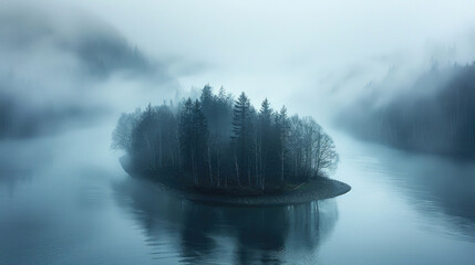 A meandering river bend shrouded in a veil of morning fog, creating a sense of mystery and allure - obrazy, fototapety, plakaty
