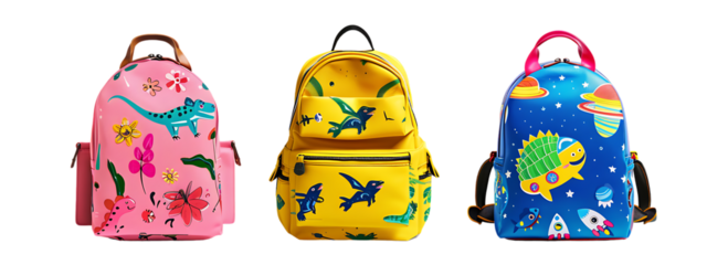 A collection of three children's backpacks, two yellow and one blue, with different designs on each.