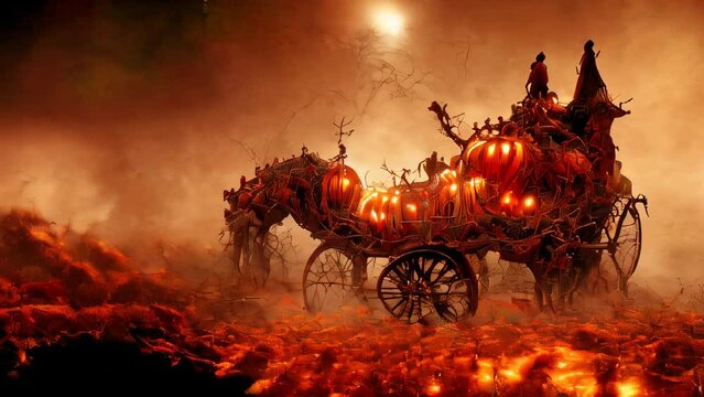 An eerie horse-drawn cart manned by a zombie trudges through a darkened forest at midnight and the full moon. AI-generated and fantasy digital painting