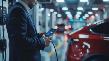 Closeup progressive businessman look at EV car's battery status application on smart phone screen at public parking charging station with power cable plug and renewable energy-powered electric vehicle