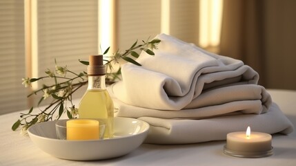Fototapeta na wymiar Spa essentials elegantly arranged on white wooden table for luxurious beauty treatments