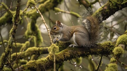 Naklejka na ściany i meble Through the veil of raindrops, a grey squirrel explores the moss-covered branches, its mission clear: to find sustenance amidst the wetness of the forest.