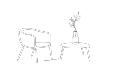 Fototapeta premium Continuous single line drawing of lounge armchair and plant in vase on table. One line of interior Living room with modern furniture elements Editable stroke hand draw furniture contour. Doodle vector
