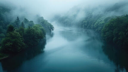 A meandering river bend shrouded in a veil of morning fog, creating a sense of mystery and allure