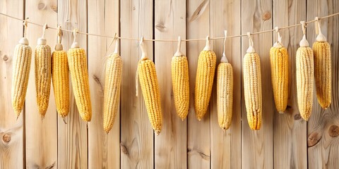Abstract, minimalism, generated, yellow corn cobs hanging on a string and drying on a wooden background, household, produce, fruit - obrazy, fototapety, plakaty