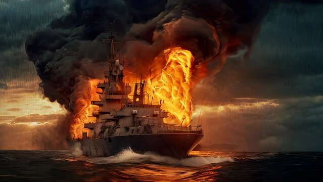 illustration about the dramatic sinking of the Moskva Russian warship during the war between Russia and Ukraine, on the Black Sea near the city of Odessa. AI-generated