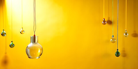 Abstraction, minimalism, yellow background, curved figures hang on threads on a yellow background, the glow goes everywhere. everything shines light background, sunny mood, generated