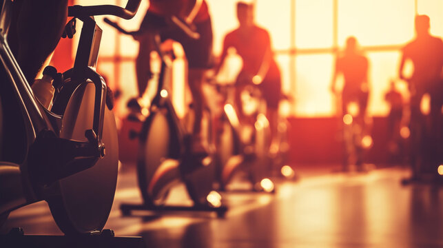people biking in spinning class at modern gym, exercising on stationary bike. group of caucasian people athletes training on exercise bike