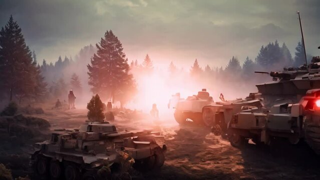 War tanks and infantry army in the battlefield of a wasteland. Explosions and soldiers fighting in the battle of a world war at dawn. AI-generated.