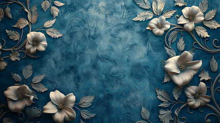 Elegant Silver Floral Relief on Blue Textured Background