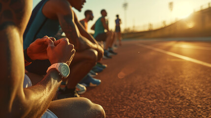 The first-place runner sits on the track, checking their racing watch, with other athletes in the background hydrating and discussing their performances. The natural light of the a