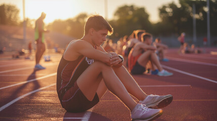 The first-place runner sits on the track, checking their racing watch, with other athletes in the background hydrating and discussing their performances. The natural light of the a