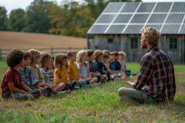 A teacher sitting cross-legged facing a row of attentive children outdoors, with a solar panel array in the background, highlighting an educational session on sustainability and renewable energy.