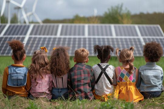 A group of diverse children sitting on grass, backs turned, looking towards modern solar panels during an educational field lesson.