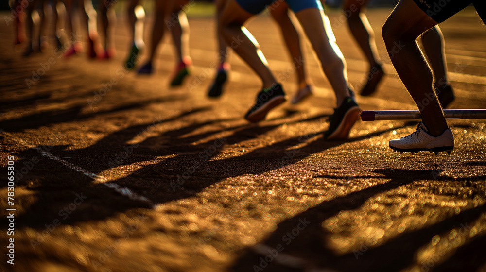 Poster a relay team practices passing the baton, their coordination highlighted by the late afternoon sun. 