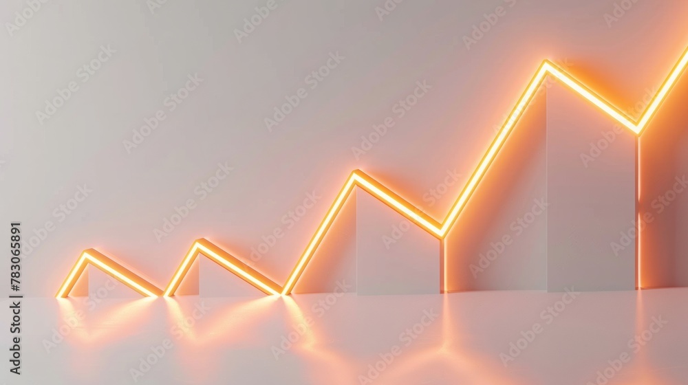 Poster a 3d line graph illustrating a rising trend from a straight-on perspective, with each segment higher