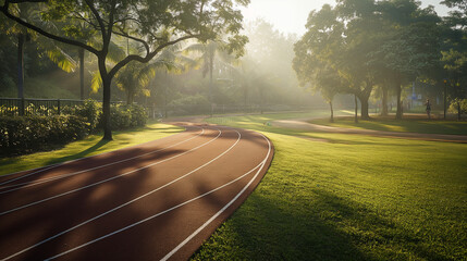 A wide shot of a marathon track winding through a lush, green park, with early morning mist rising off the path. The first rays of sunlight break through the trees, casting long, s