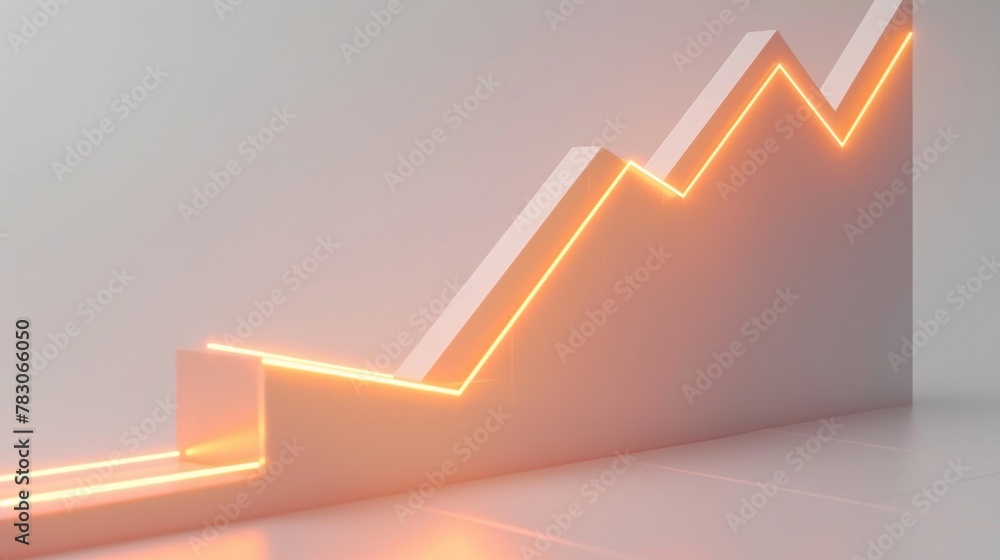 Poster a 3d line graph illustrating a rising trend from a straight-on perspective, with each segment higher