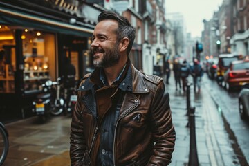 Fototapeta premium Portrait of a handsome man in a leather jacket on the streets of London.