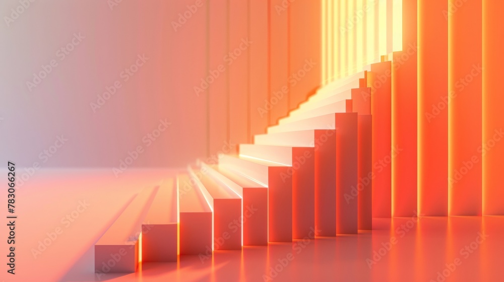 Poster a 3d line graph illustrating a rising trend from a straight-on perspective, with each segment higher